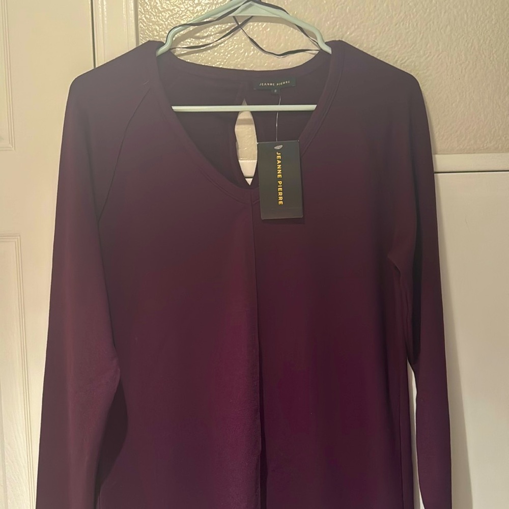 Small, plum sweater with small back cutout.